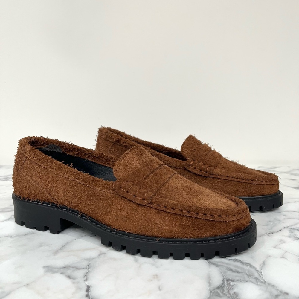 Maeve Brown Lug Suede Loafers Textured Raw Leather Natural Furry Penny Chunky 38